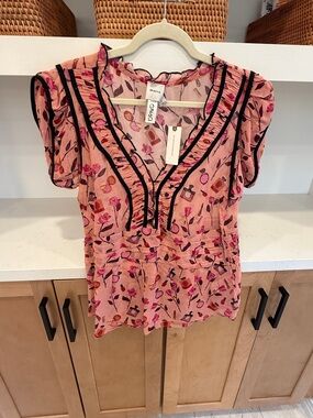 Anthropologie Pink Floral Ruffle V-Neck Blouse with Black Trim